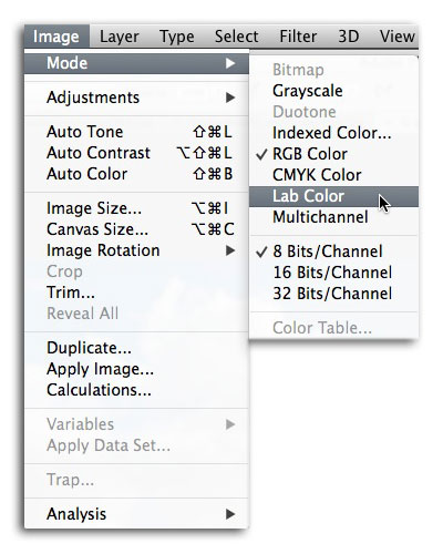 Image-> Mode-> Lab Color